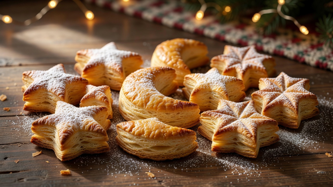 A close view of crisp golden pastry cut into festive portions