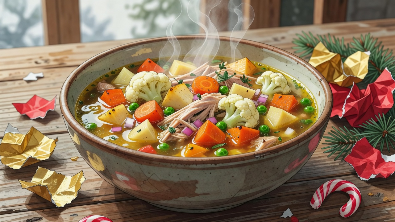 A comforting soup with vegetables as an illustrative idea for a later festive meal