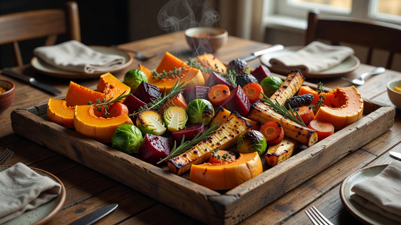 A tray of deeply roasted festive vegetables prepared for a shared main meal