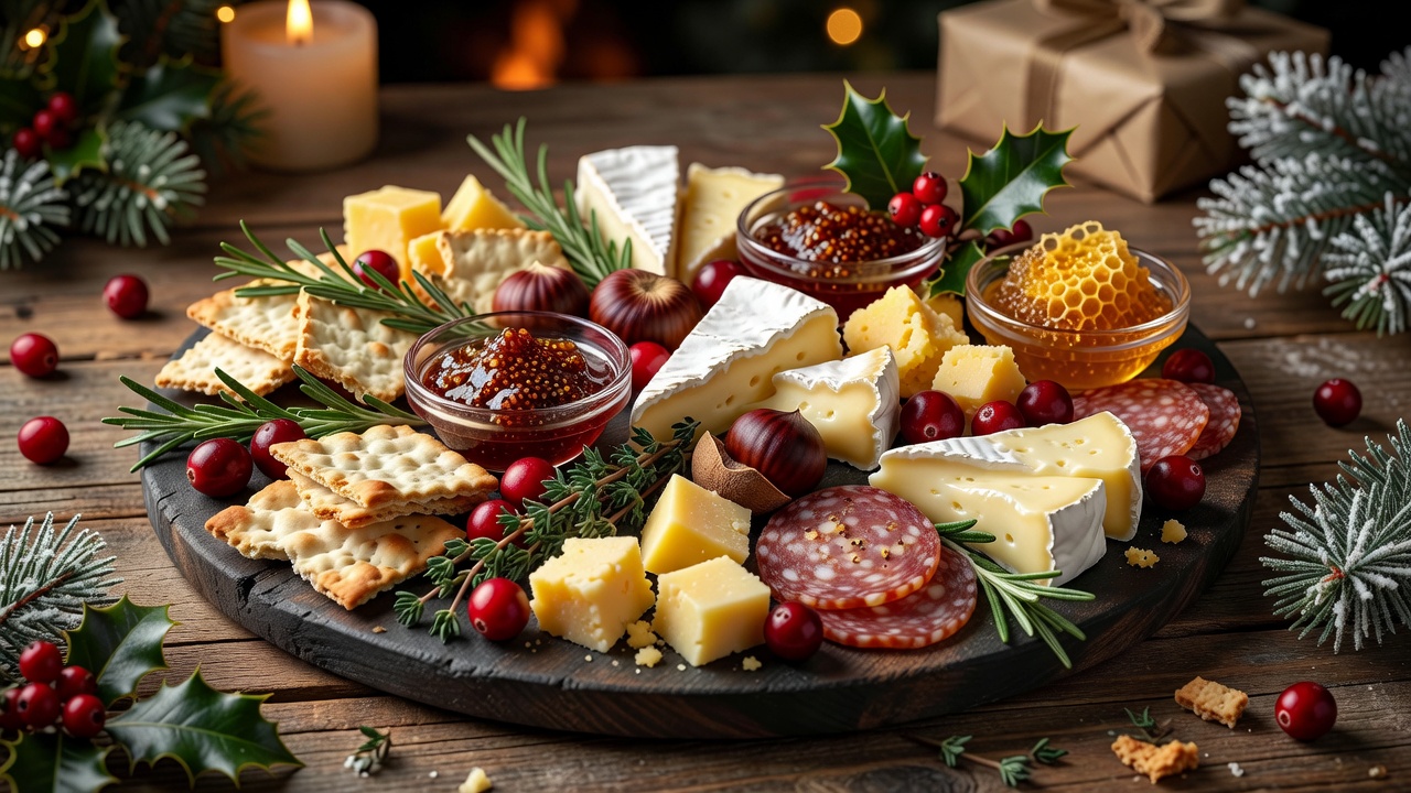 A shared festive starter board with contrasting textures and seasonal details